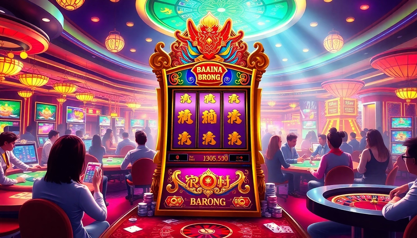 Players enjoying the Raja Barong slot machine in a lively casino atmosphere with vibrant energy.