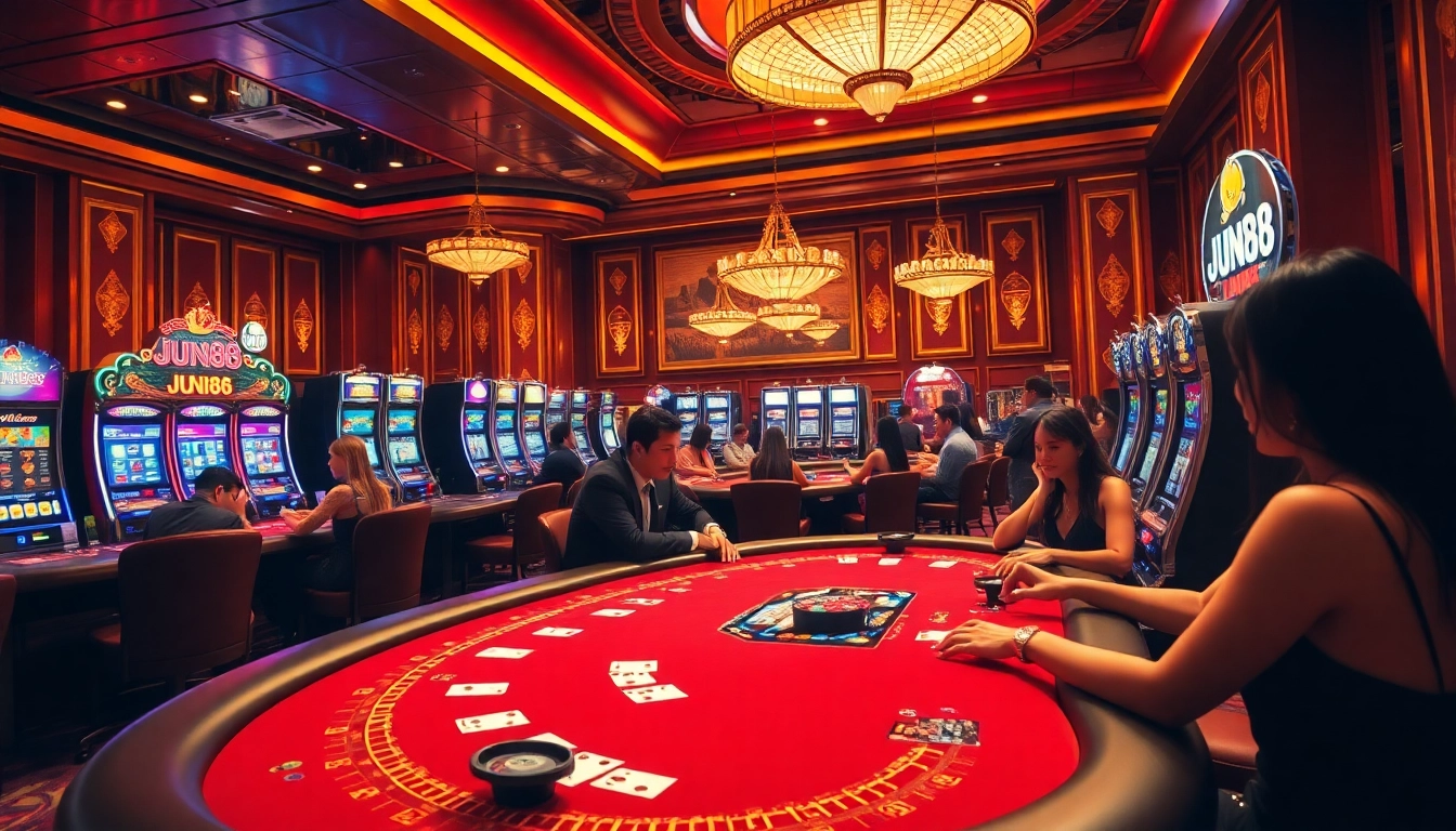 Players enjoying thrilling games at Jun88 casino with vibrant slots and poker tables.
