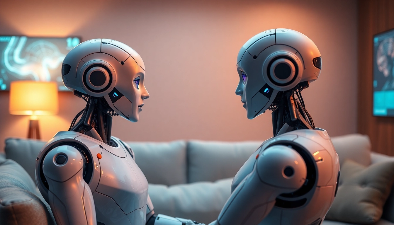 Intimate conversation between humanoid robots illustrating the concept of sex AI in a warm lounge.
