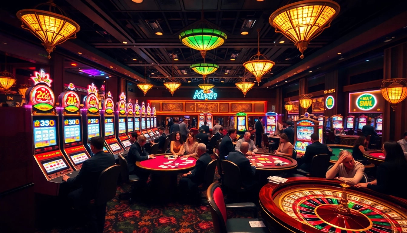 Kwin casino scene showcasing elegant players at vibrant poker tables.
