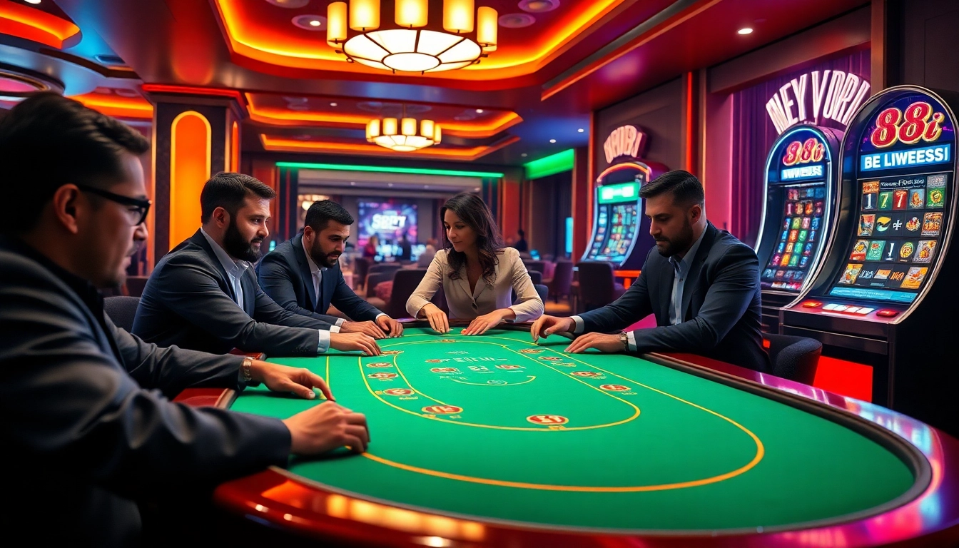 Players at a poker table in a thrilling casino, showcasing the luxury of 88i gaming experiences.