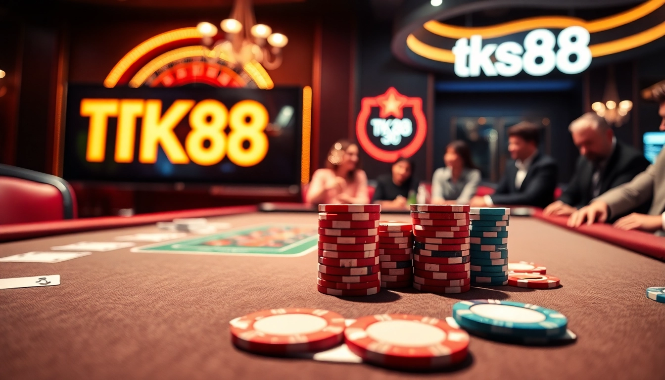 Players enjoying a high-stakes poker game at TK88 casino, showcasing excitement and luxury.