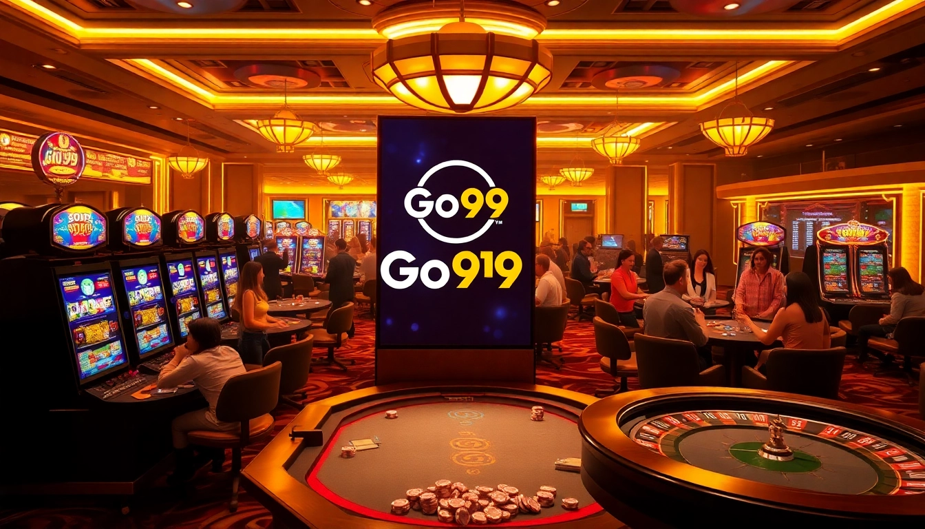 Players enjoying thrilling games at Go99 casino, featuring vibrant slot machines and poker tables.