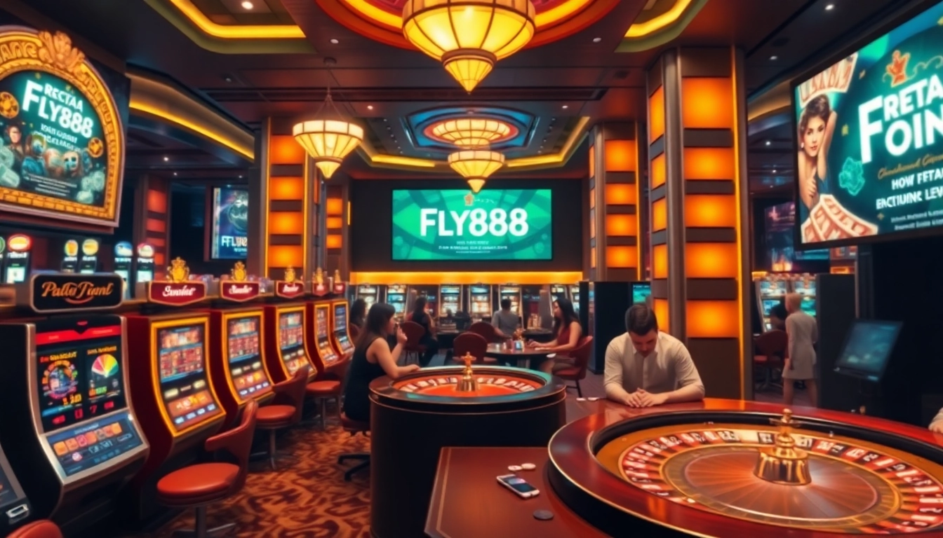 Exciting betting scene at FLY888 casino featuring elegant tables and vibrant slot machines.