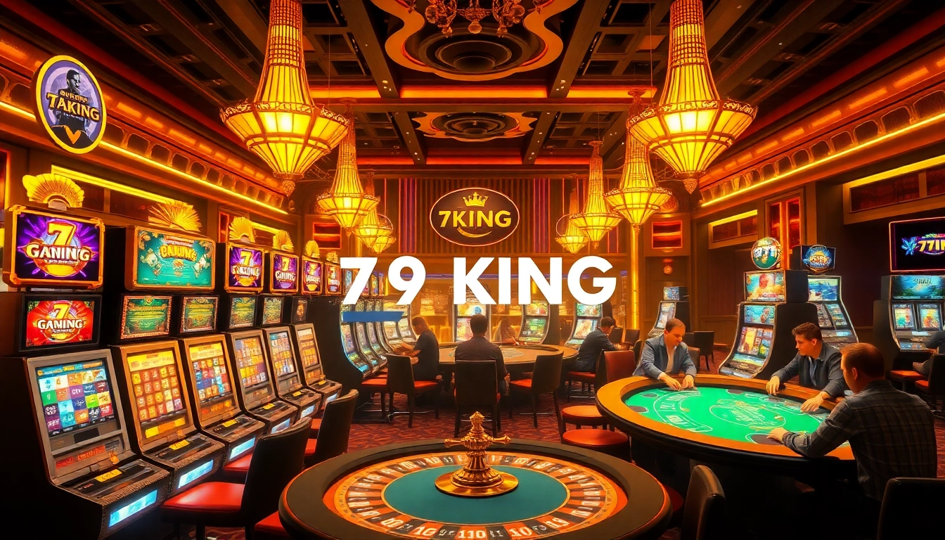 79KING casino players enjoying vibrant gaming atmosphere with slot machines and poker tables.