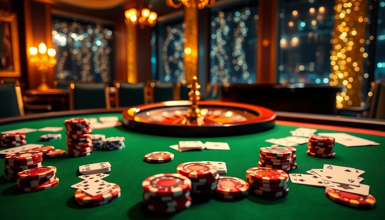Cảnh chơi LUCK8 và LUCKY8 với các chip poker, lá bài và bánh xe roulette thể hiện sự phấn khích.