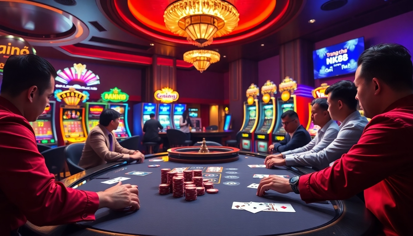 Players enjoy high-stakes action at the Trang chủ NK88 gambling table in a vibrant casino scene.