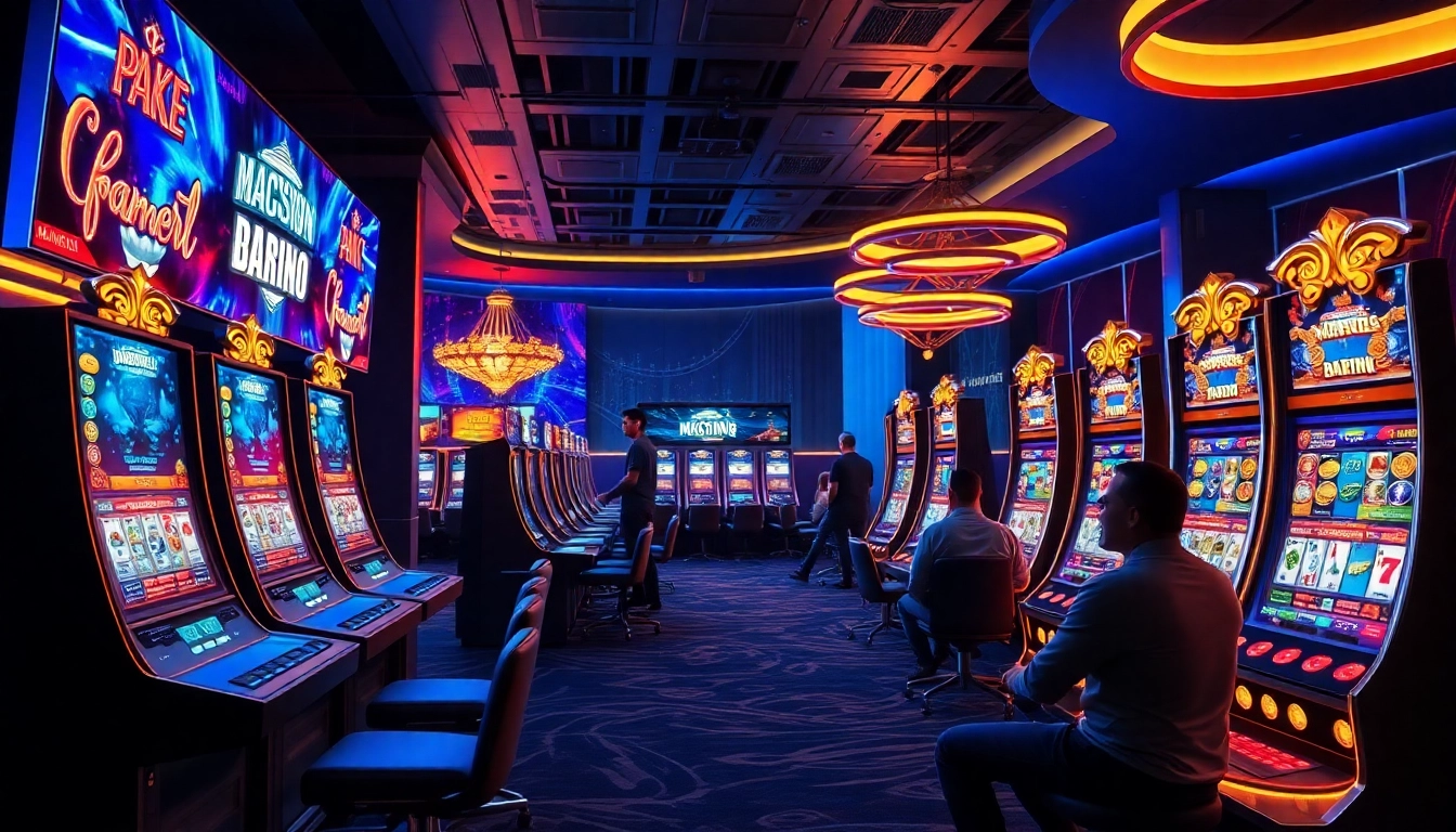 Dynamic scene of MM88 online gaming with players and vibrant casino elements, showcasing excitement and luxury.