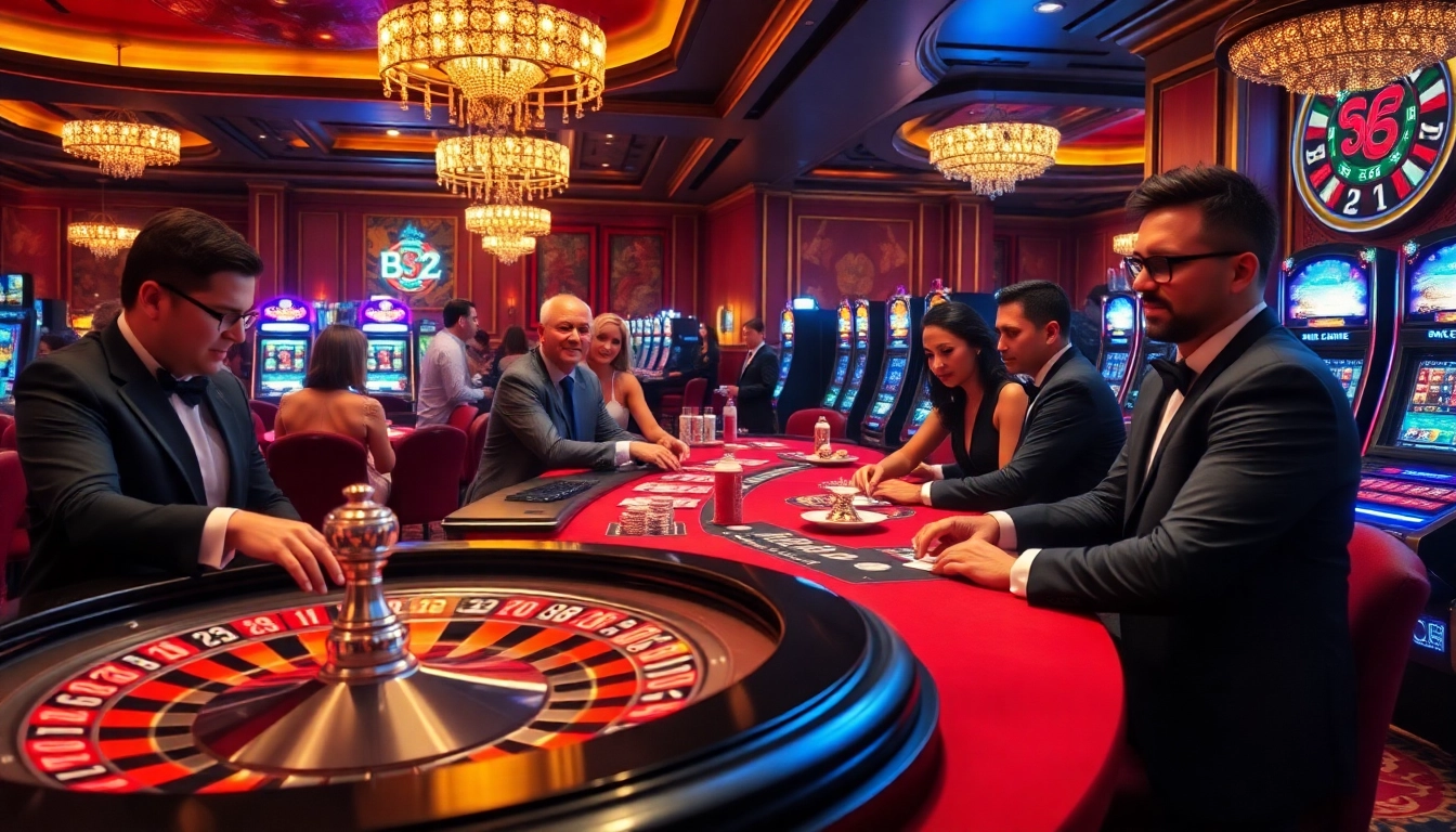 B52-themed casino scene featuring vibrant roulette and poker tables.