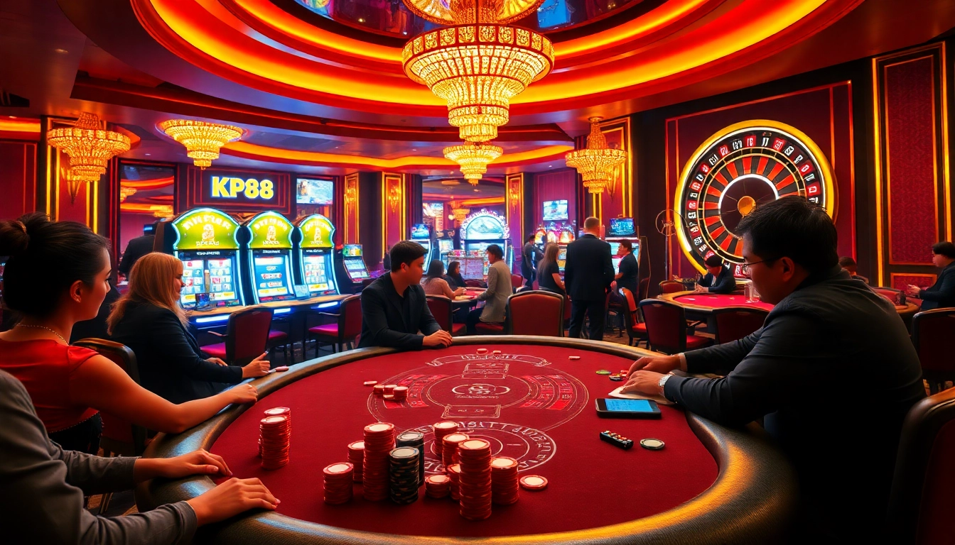 Engaged players at KP88's luxurious poker table in an elegant casino setting with vibrant chips and lighting.