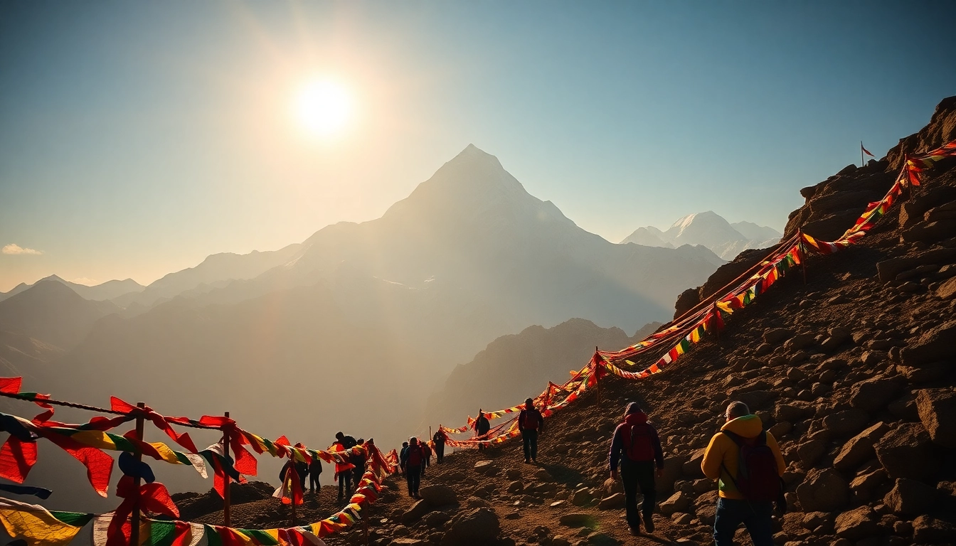 Everest Base Camp trek with climbers against the stunning Himalayas at sunrise