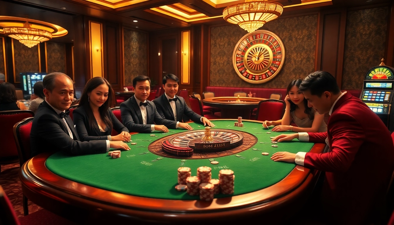 Players strategizing at the poker table as they enjoy games from https://thabet77.org/ casino.
