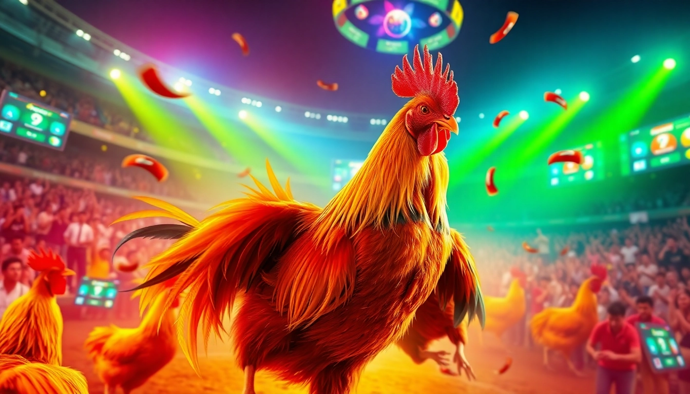 Exciting live cockfighting action showcasing dagawin.live with vibrant colors and digital betting elements.