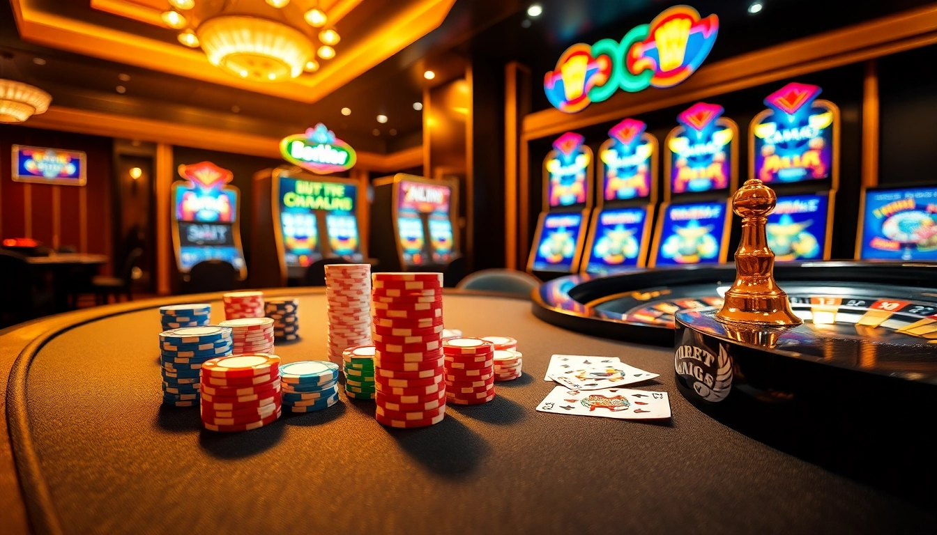 Exciting scene at bet168 net highlighting poker chips and cards in a luxurious casino.