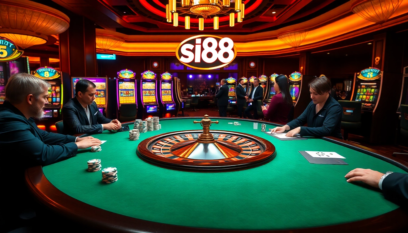 Siu88 casino scene with high-stakes poker and vibrant slot machines, showcasing thrilling gambling action.