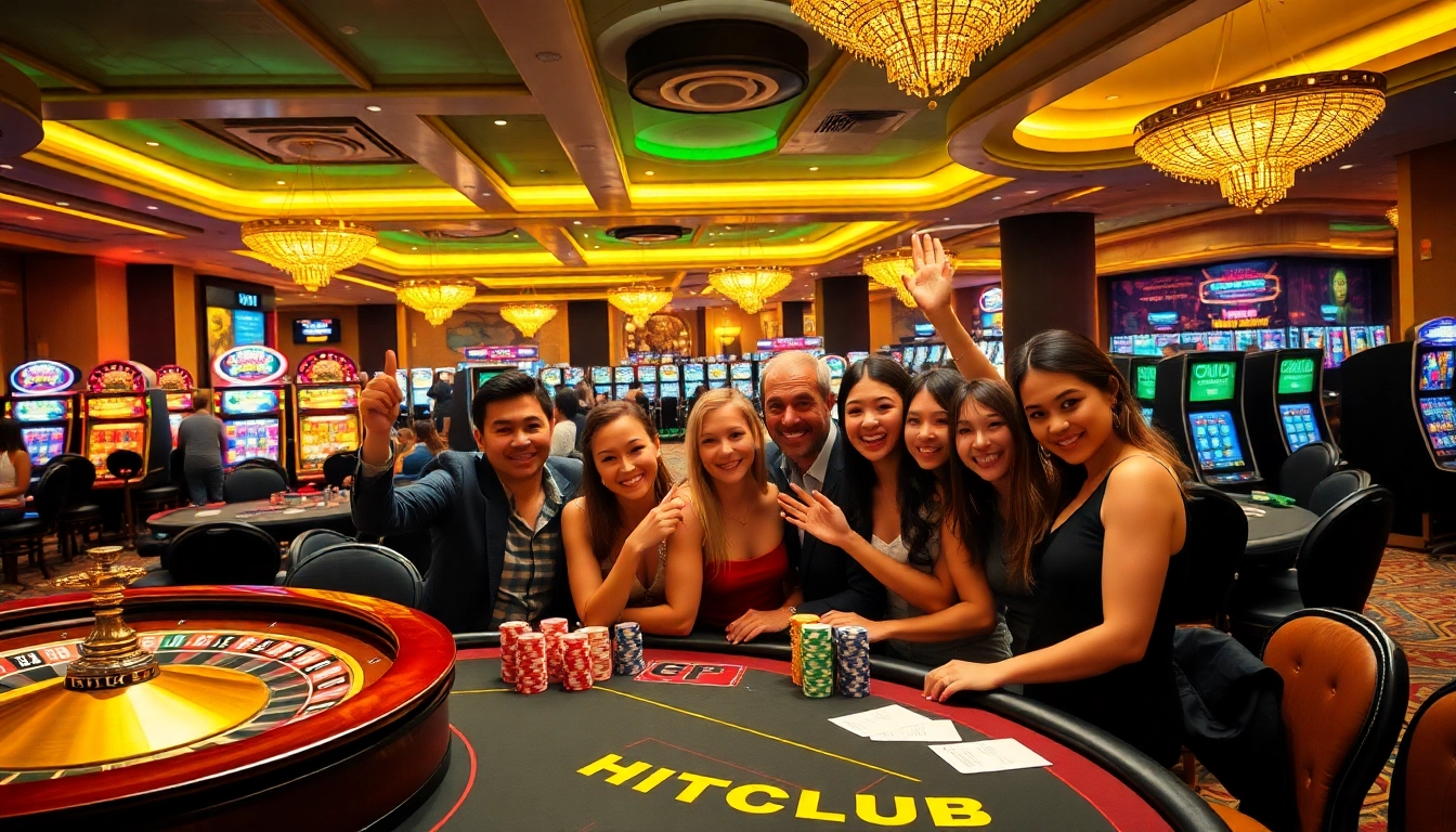 Gamblers celebrating a win at the HITCLUB poker table amidst a lively casino atmosphere.