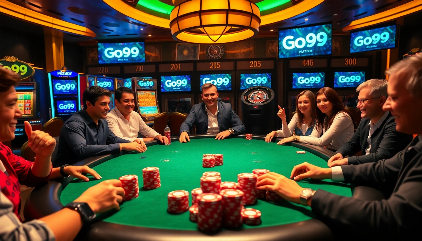 Players engage in an exciting Go99 poker game with vibrant chips and a luxurious casino atmosphere.