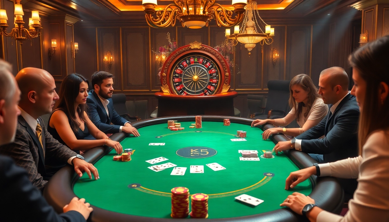 Players engaging at the luxurious KK55-themed poker table in an elegant casino setting.