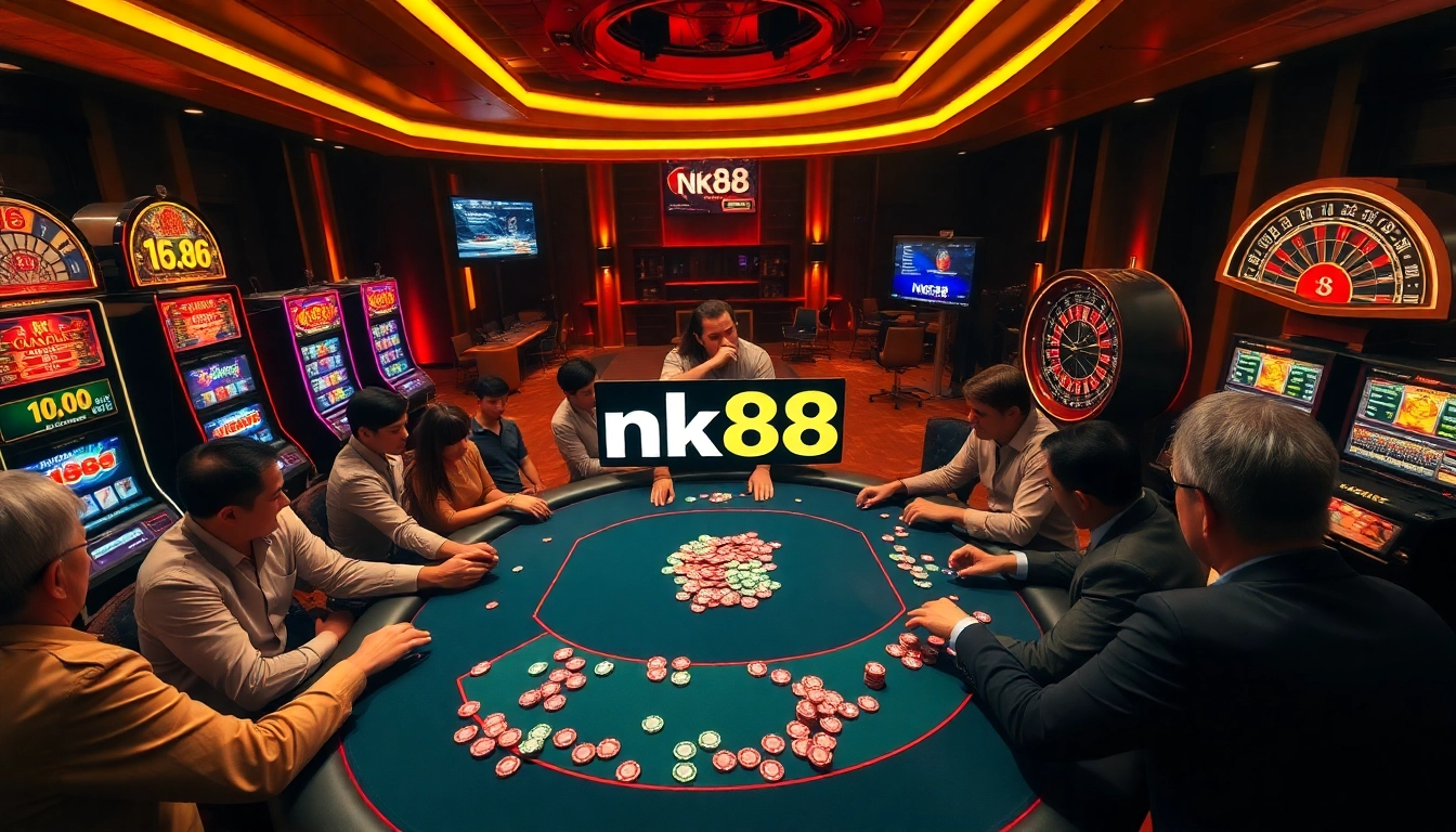 Players engage thrillingly at the nk88 poker table, filled with colorful chips and excitement.