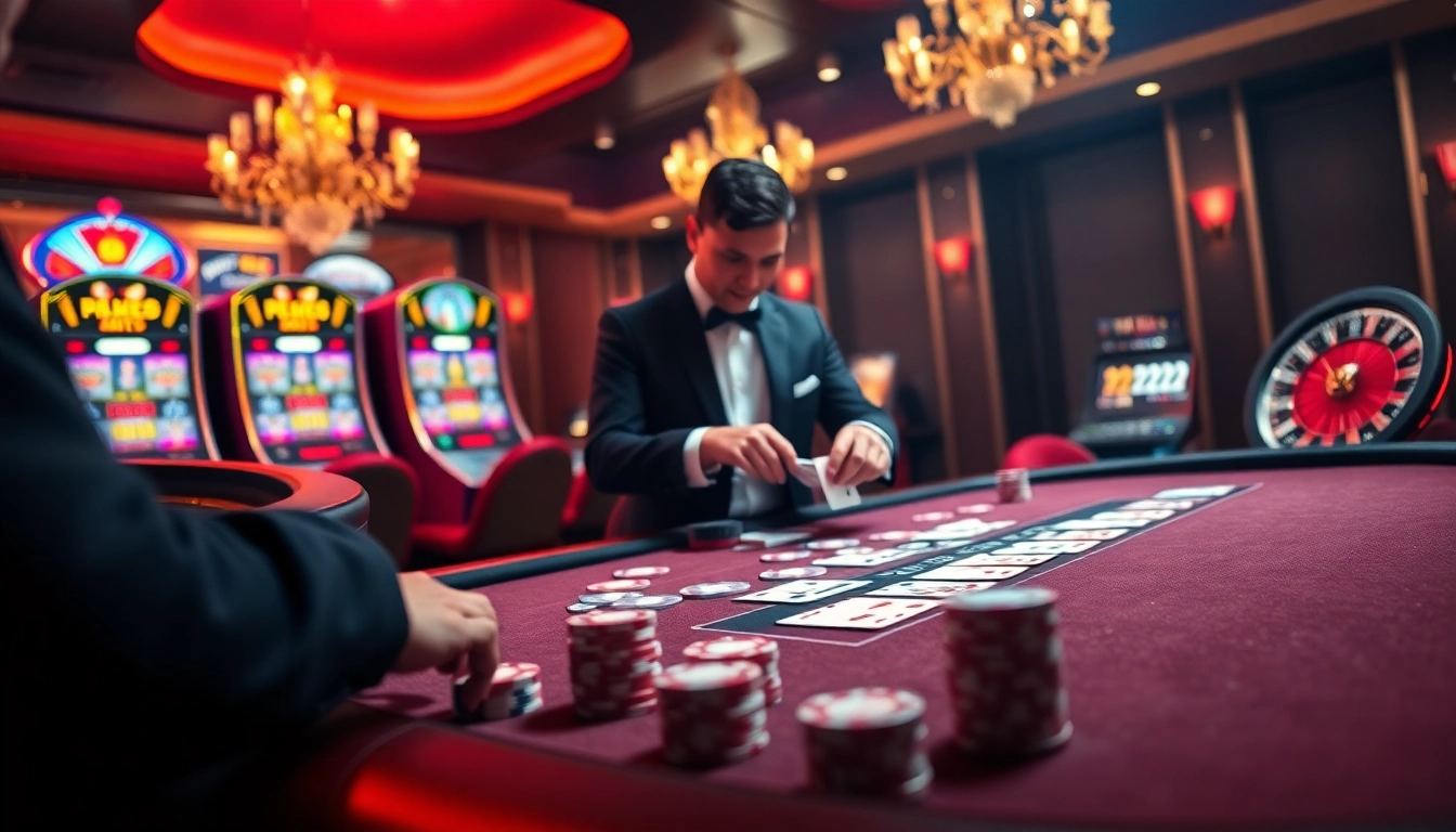 Experience the excitement of 222BD with a dynamic casino scene featuring poker tables and slots.