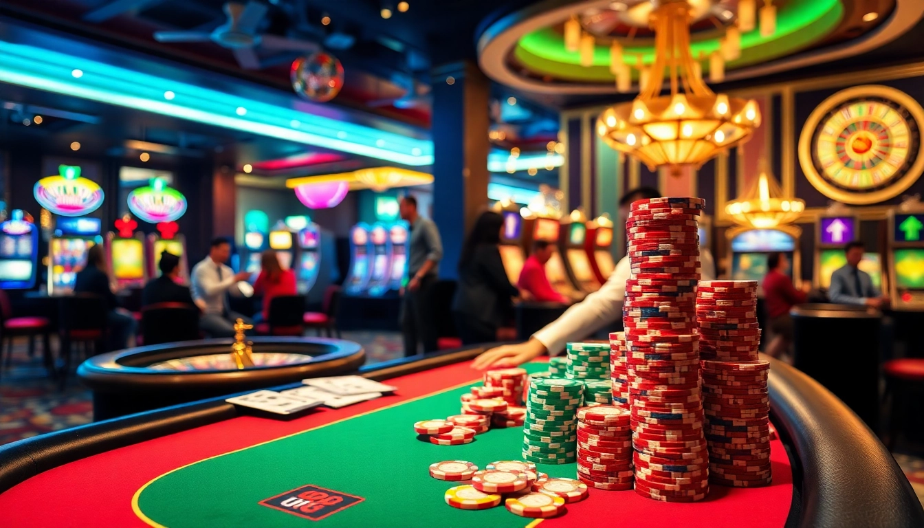 UU88 gaming scene featuring poker chips, cards, and a roulette wheel, conveying excitement.