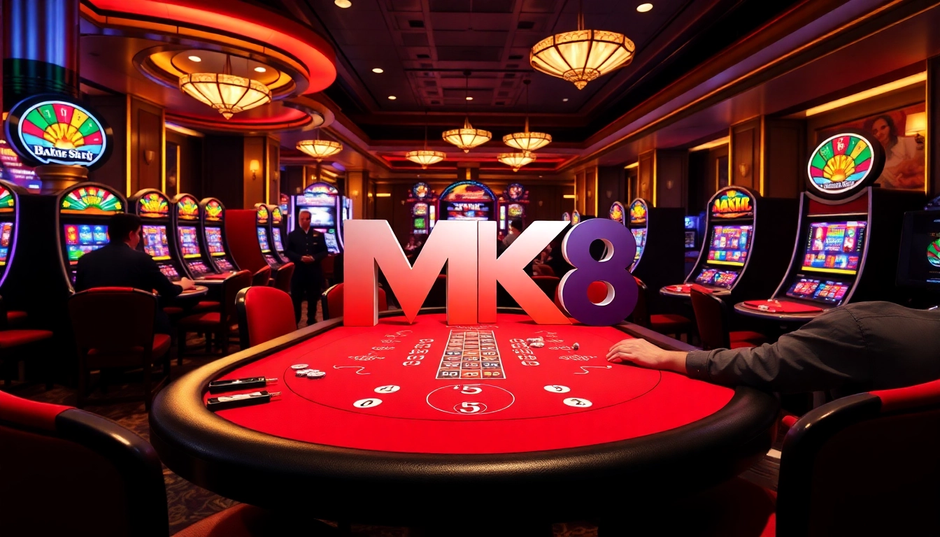 Engaging scene of a luxurious MK8 casino with vibrant tables and players enjoying gambling.
