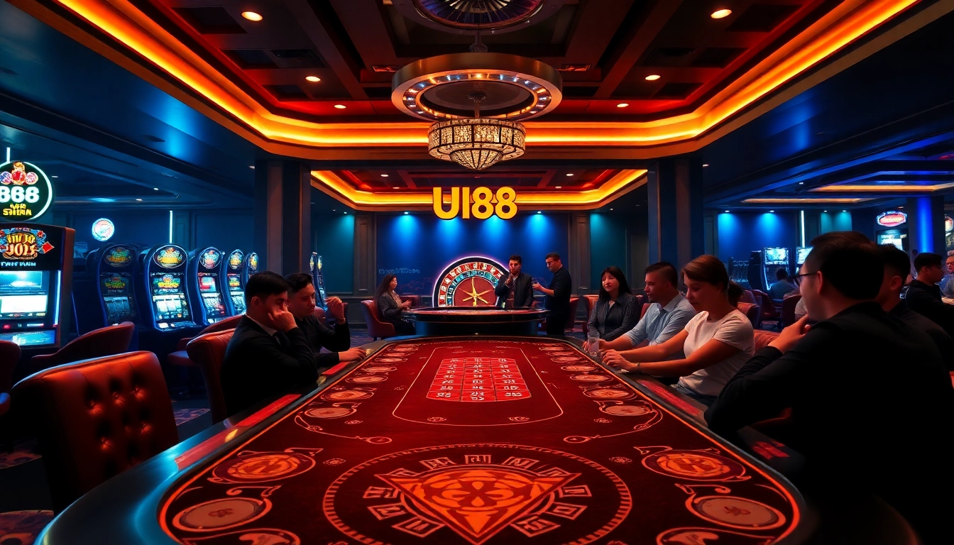 Exciting gambling scene featuring UU88, with casino tables and vibrant slot machines.