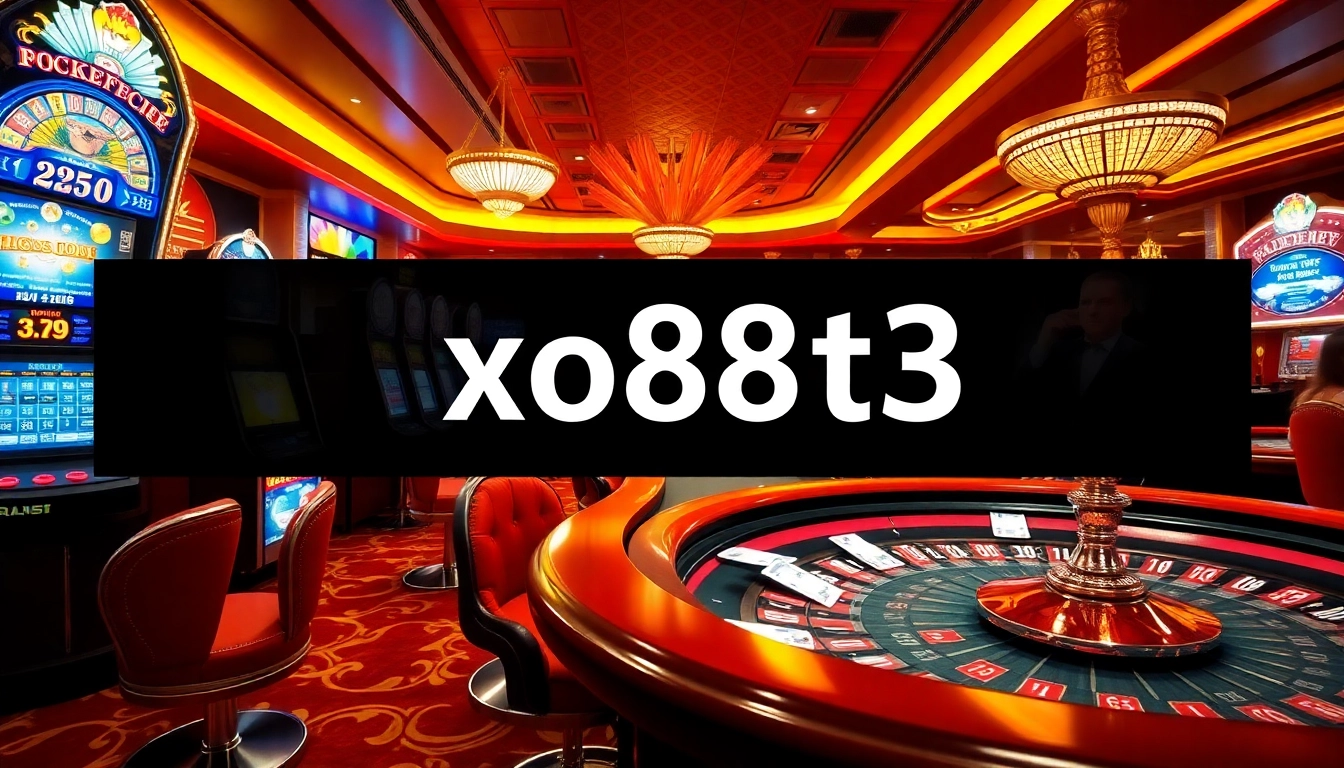 Engaging casino scene featuring the keyword xo88t3 with players at poker tables and spinning roulette wheels.