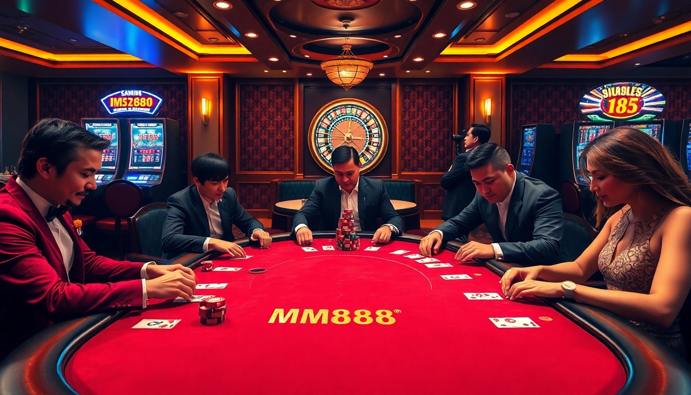 Experience the excitement of MM88 at a luxurious poker table full of high-stakes players.