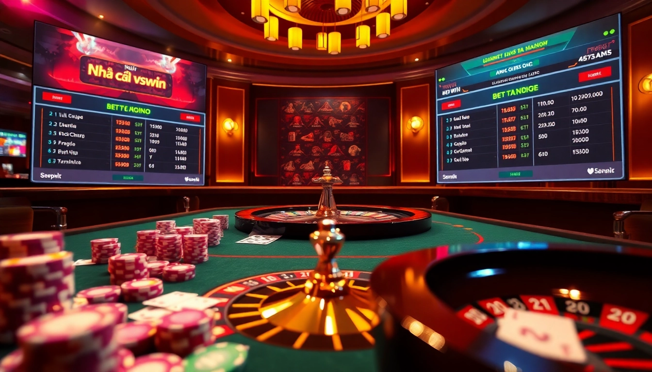 Engaging scene of players at a table showcasing nhà cái vswin with vibrant casino elements.