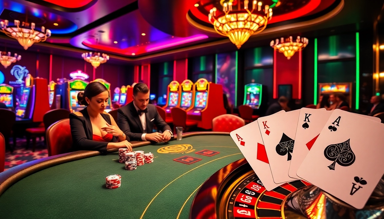 Engaging gamblers in a luxurious poker scene at RIKVIP casino with vibrant slot machines.