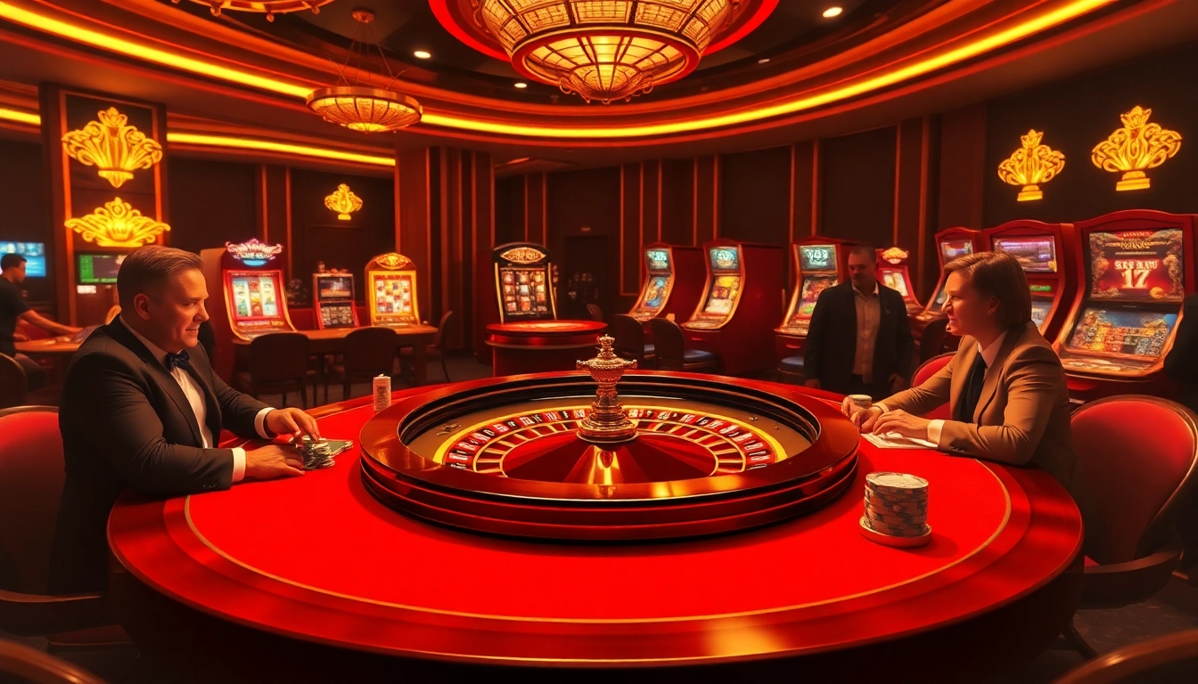 Engage in thrilling gameplay at https://xx88.casino/ with a luxurious roulette table, vibrant slot machines, and excited players.