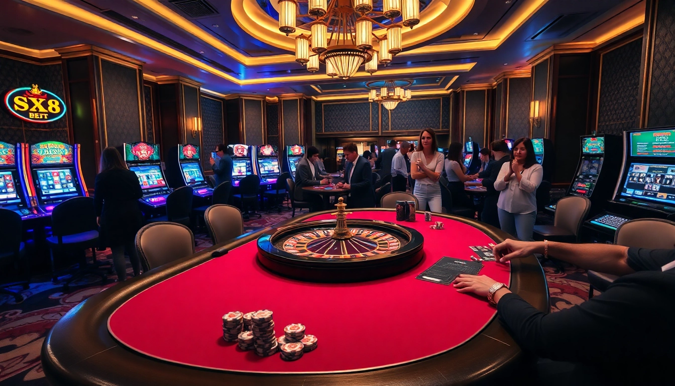 SX88 casino scene showcasing high-stakes poker with colorful slot machines.