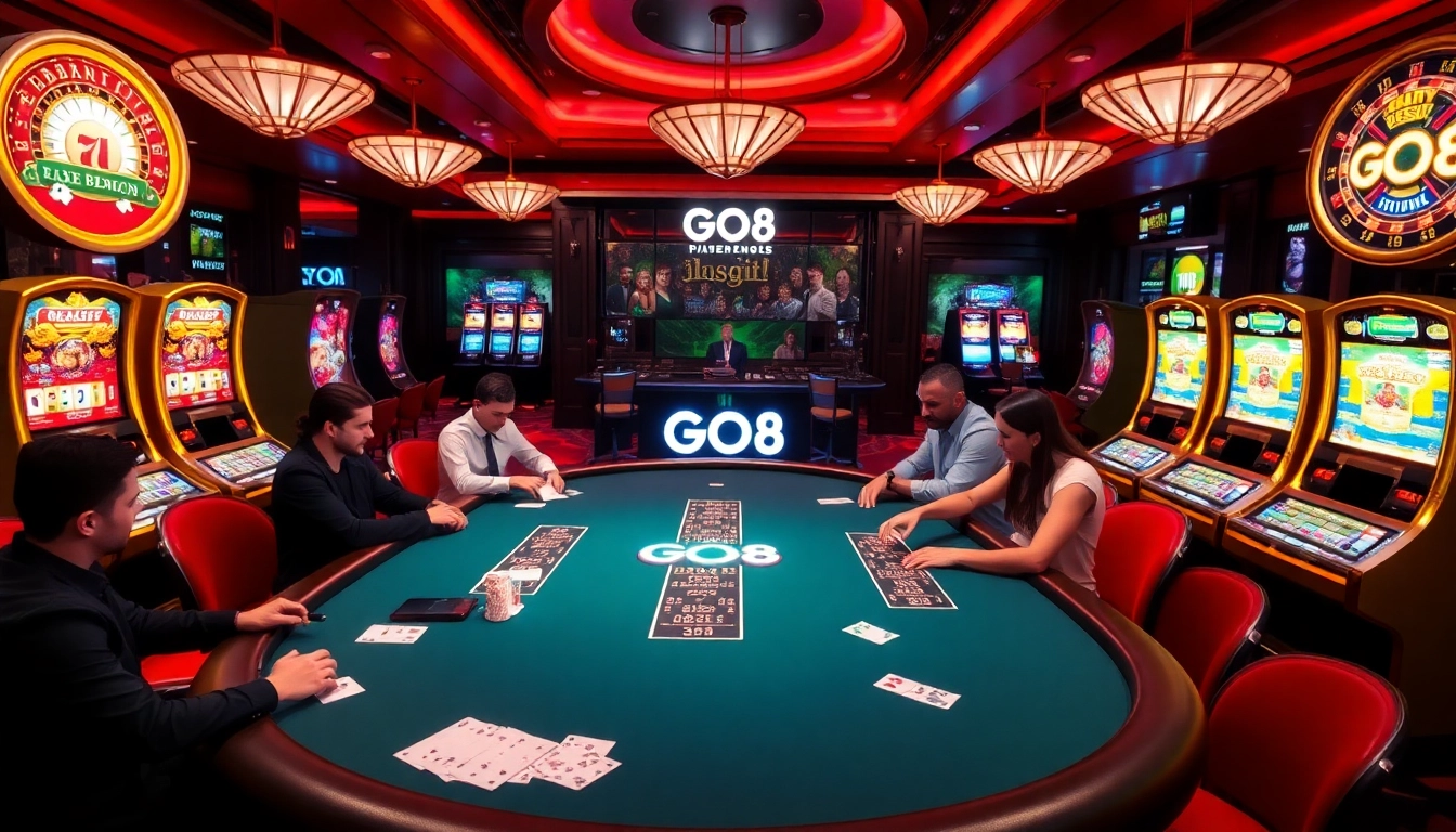 GO8 poker table packed with excited players enjoying high-stakes gambling action in a luxurious casino.