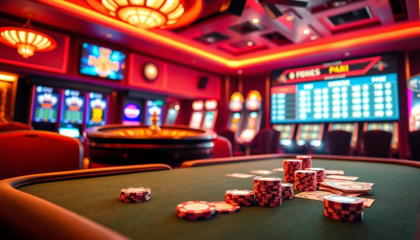 Visual representation of kèo nhà cái at an elegant casino with poker, roulette, and betting scenarios.