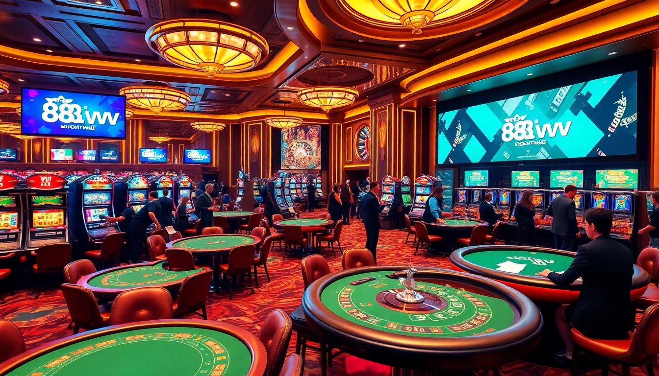 Exciting casino scene featuring 88vv logo on vibrant slot machines and poker tables.