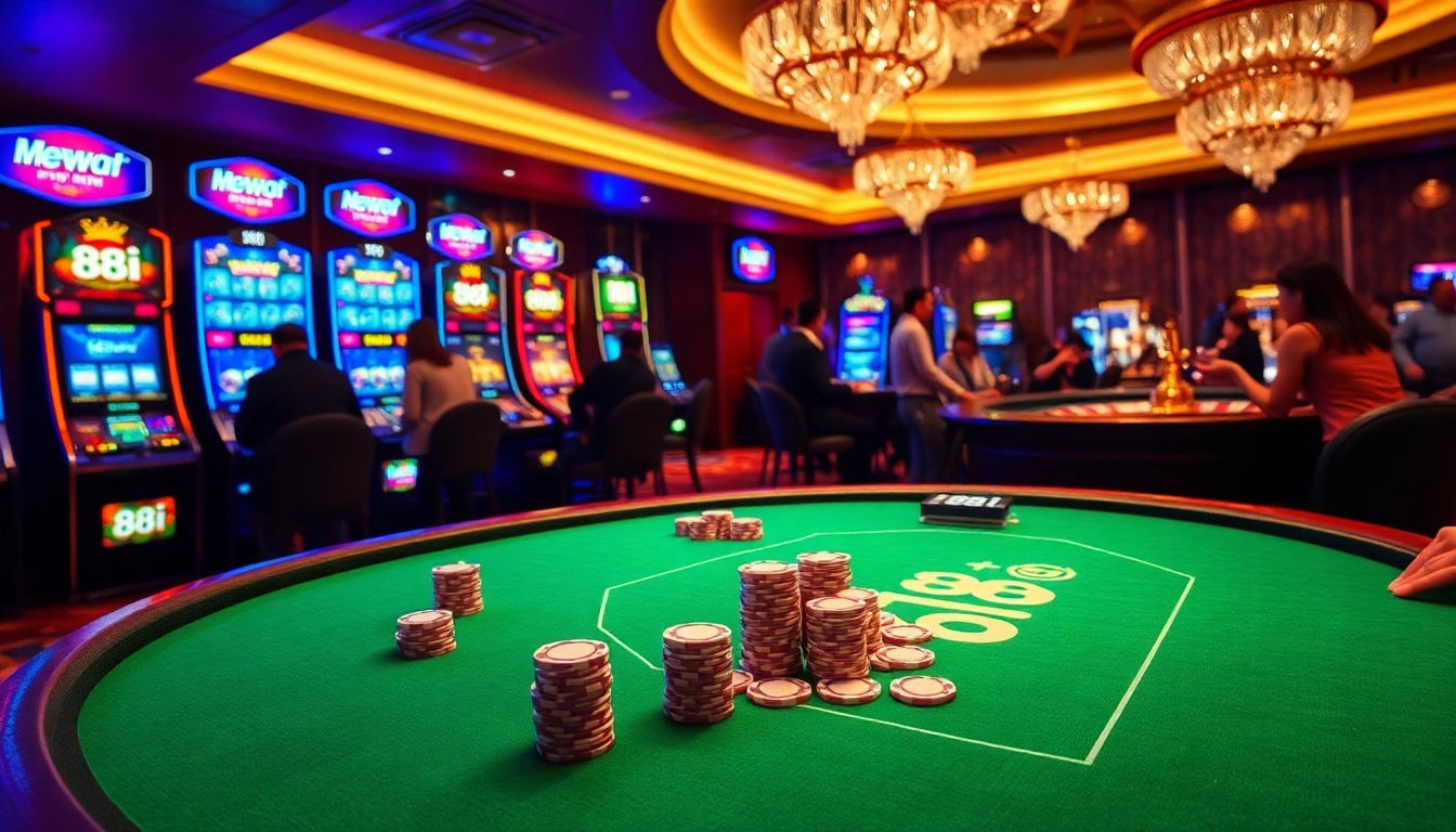 Players betting on a vibrant poker table at a casino, highlighting the brand 88i.