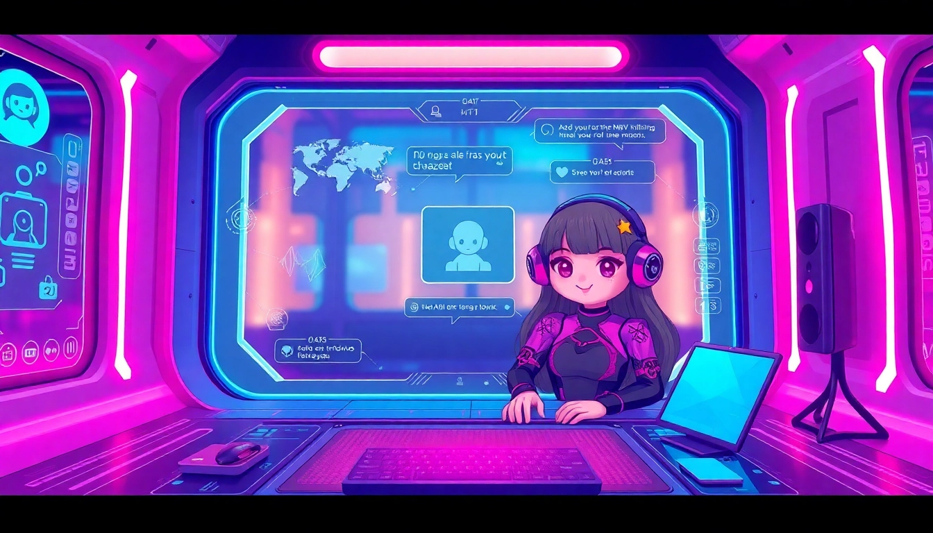 Engaging NSFW character AI dialogue with a friendly virtual companion in a high-tech setting.