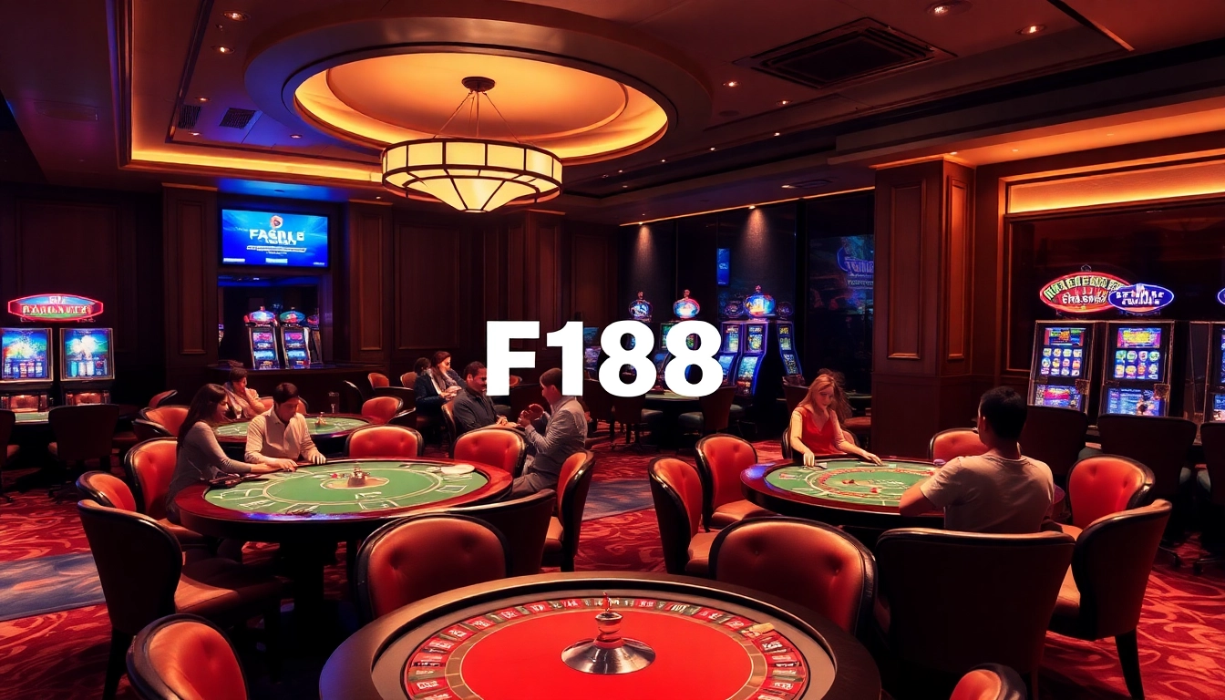 Play thrilling games at F168 Casino with luxurious tables and vibrant slot machines.