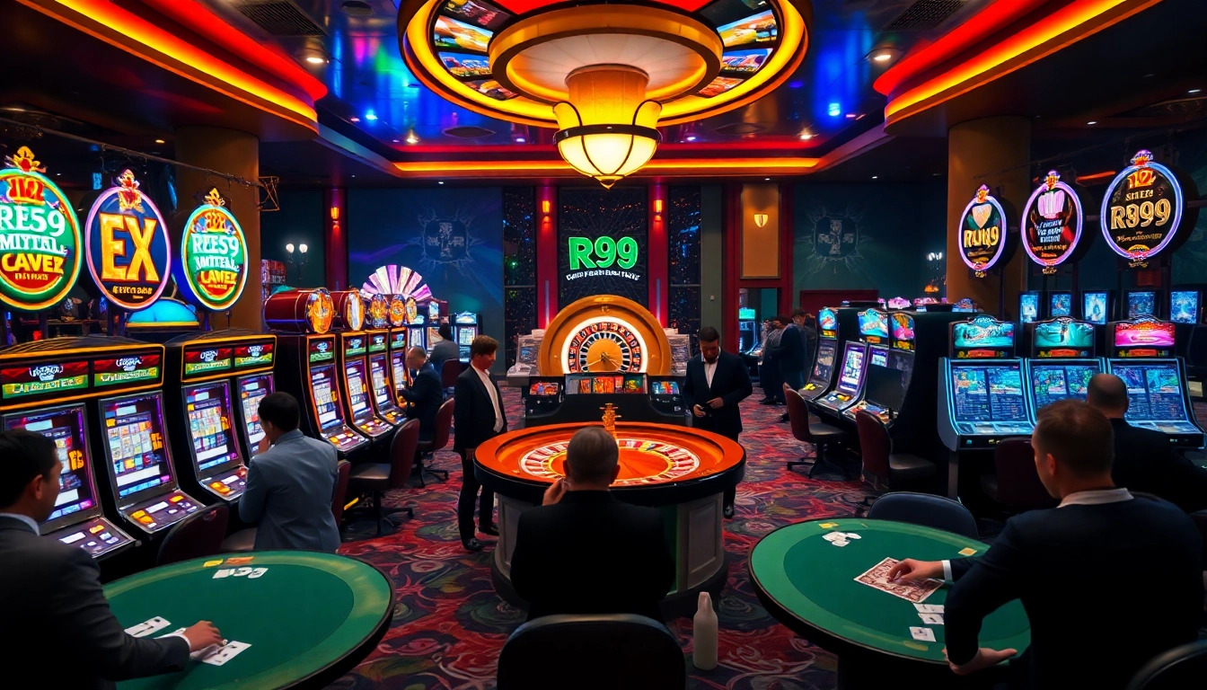 Experience the thrill of RR99 at a high-stakes casino with vibrant slot machines and roulette.