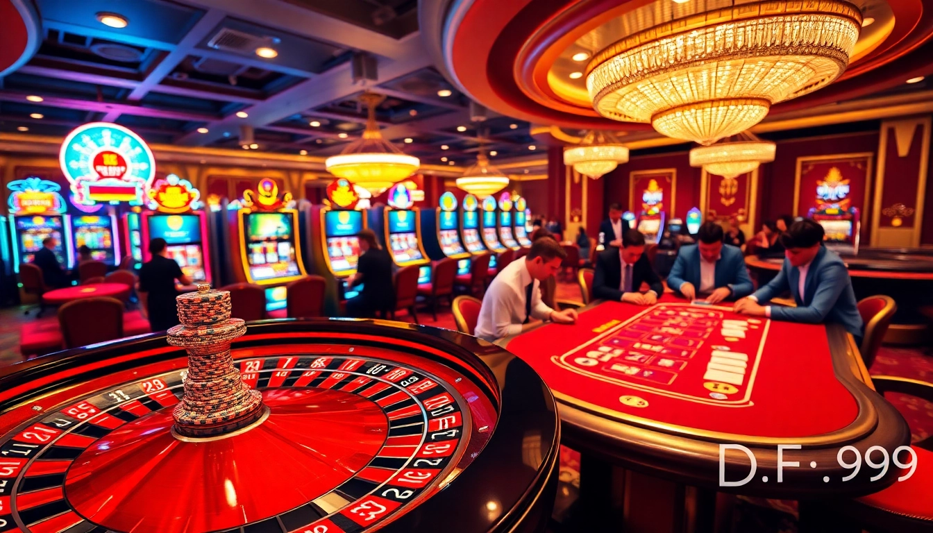 Players enjoy a thrilling game of roulette and poker at the DF999 casino, showcasing luxury and excitement.