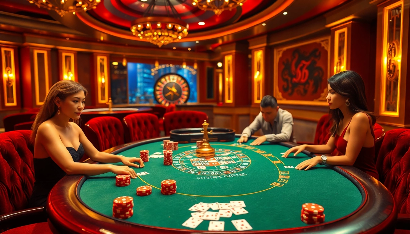 Engage with the excitement of liên minh kjc at a luxurious poker table in a vibrant casino scene.