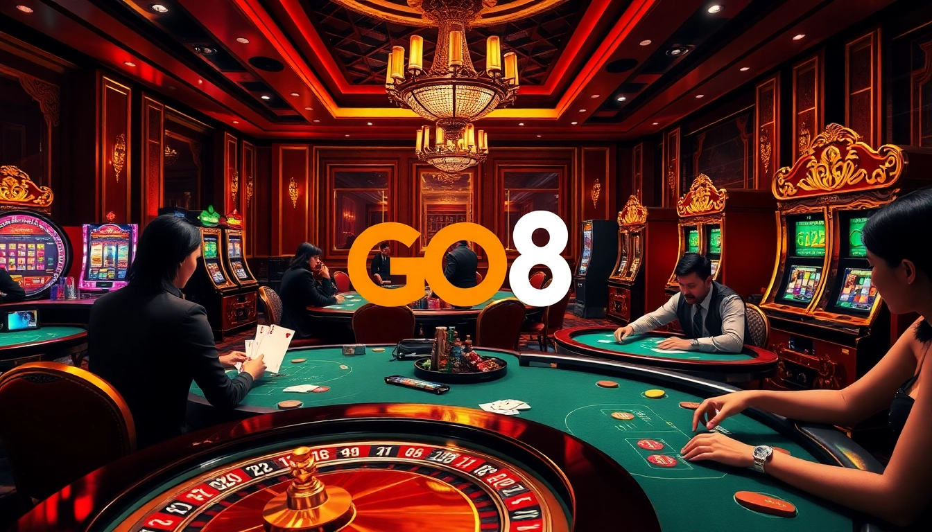 GO8 players enjoying a high-stakes poker game in an upscale casino environment.