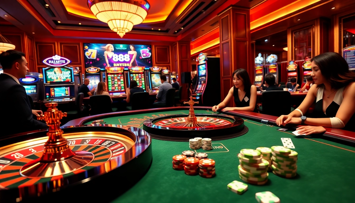 Experience the excitement of 88i nhà cái with players enjoying roulette and slots in a vibrant casino setting.