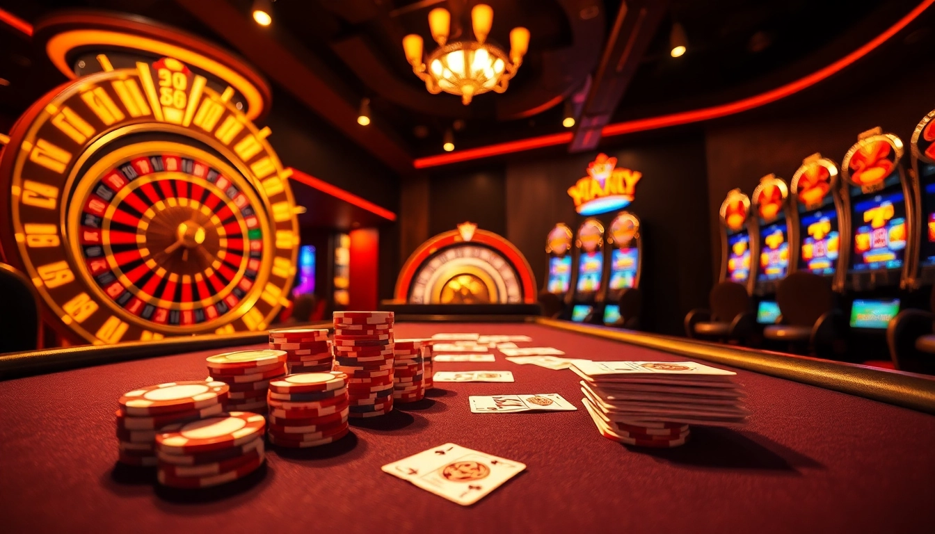A professional casino environment featuring poker chips and roulette wheel, highlighting hm88.