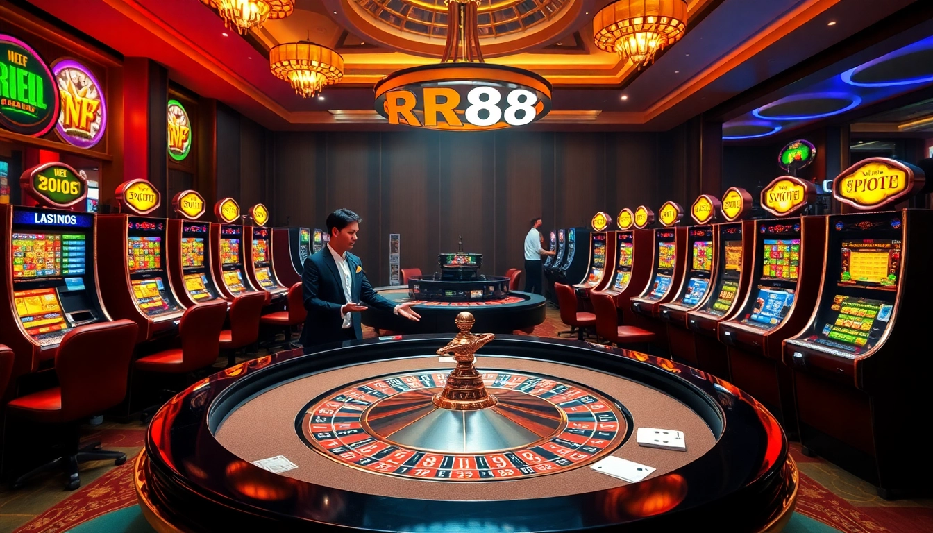 RR88 casino scene featuring a vibrant roulette table and stylish dealer engaging players.
