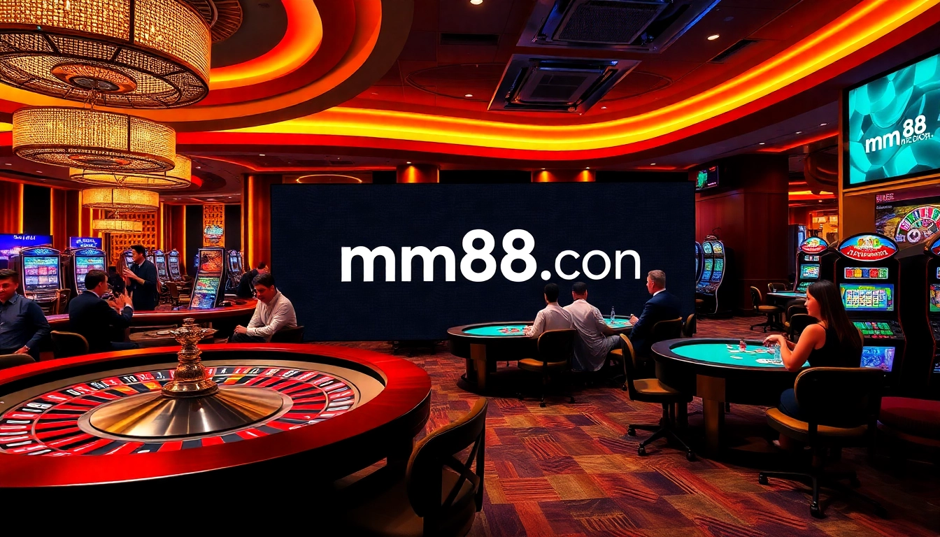 Engage in thrilling games at mm88.com, featuring vibrant casino tables and players immersed in the action.