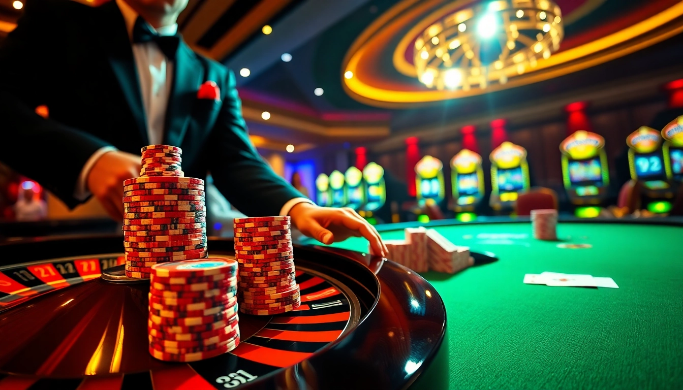 Players enjoying thrilling games at RR88 Casino with vibrant roulette and poker tables.