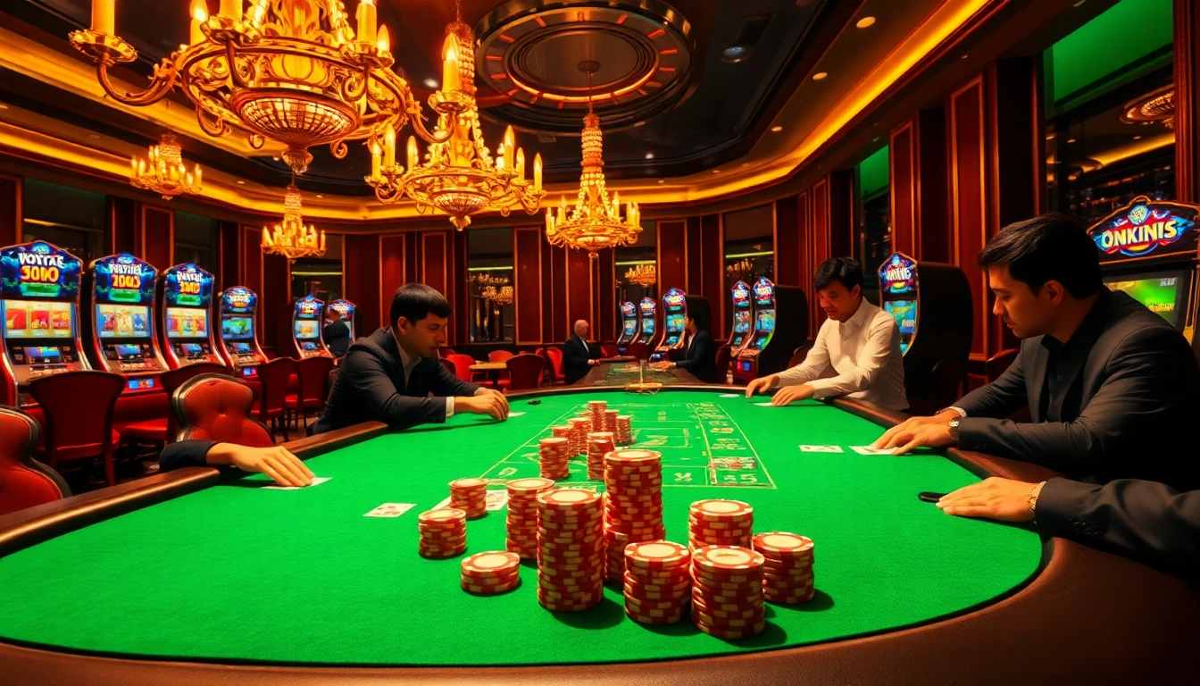 Thrilling poker table action at a luxury casino featuring 'okking' branding, vibrant chips, and professional players.