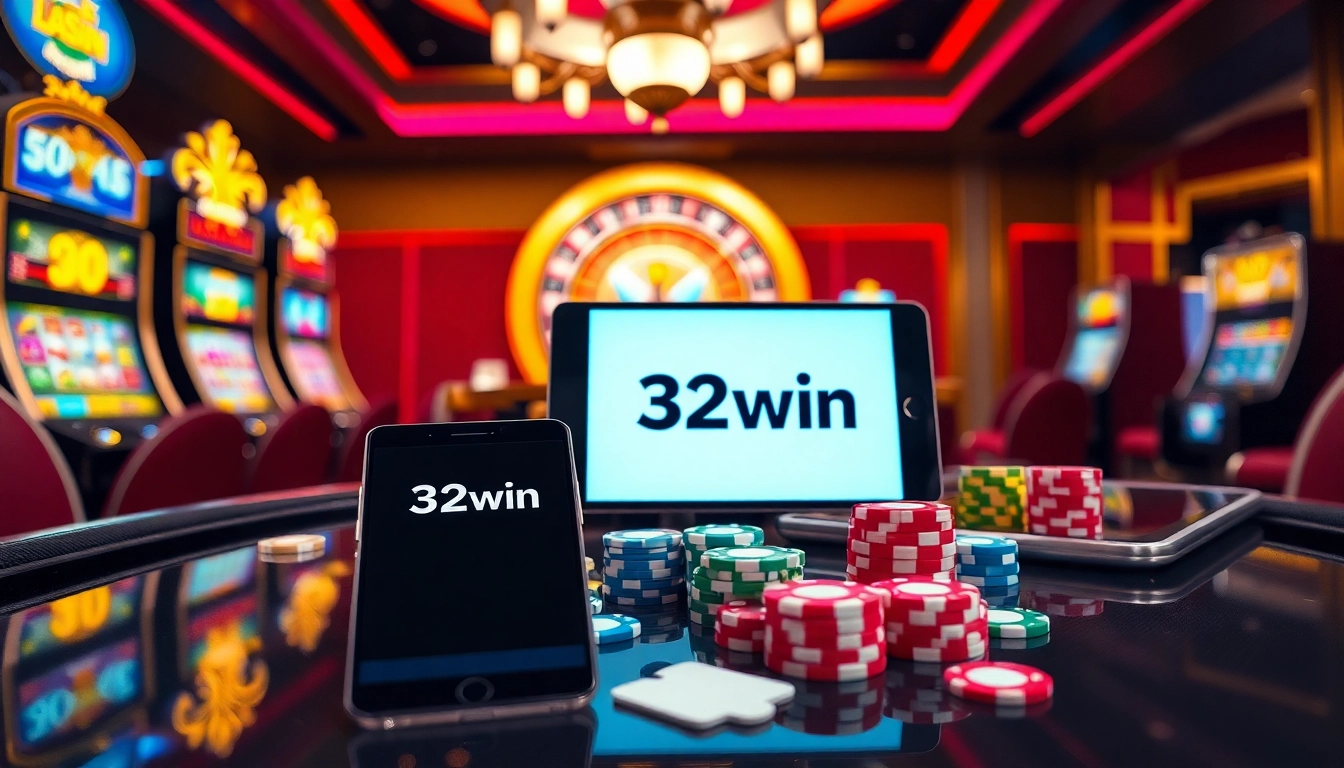 Experience the excitement of the 32win App in this vibrant casino scene with poker chips and cards.
